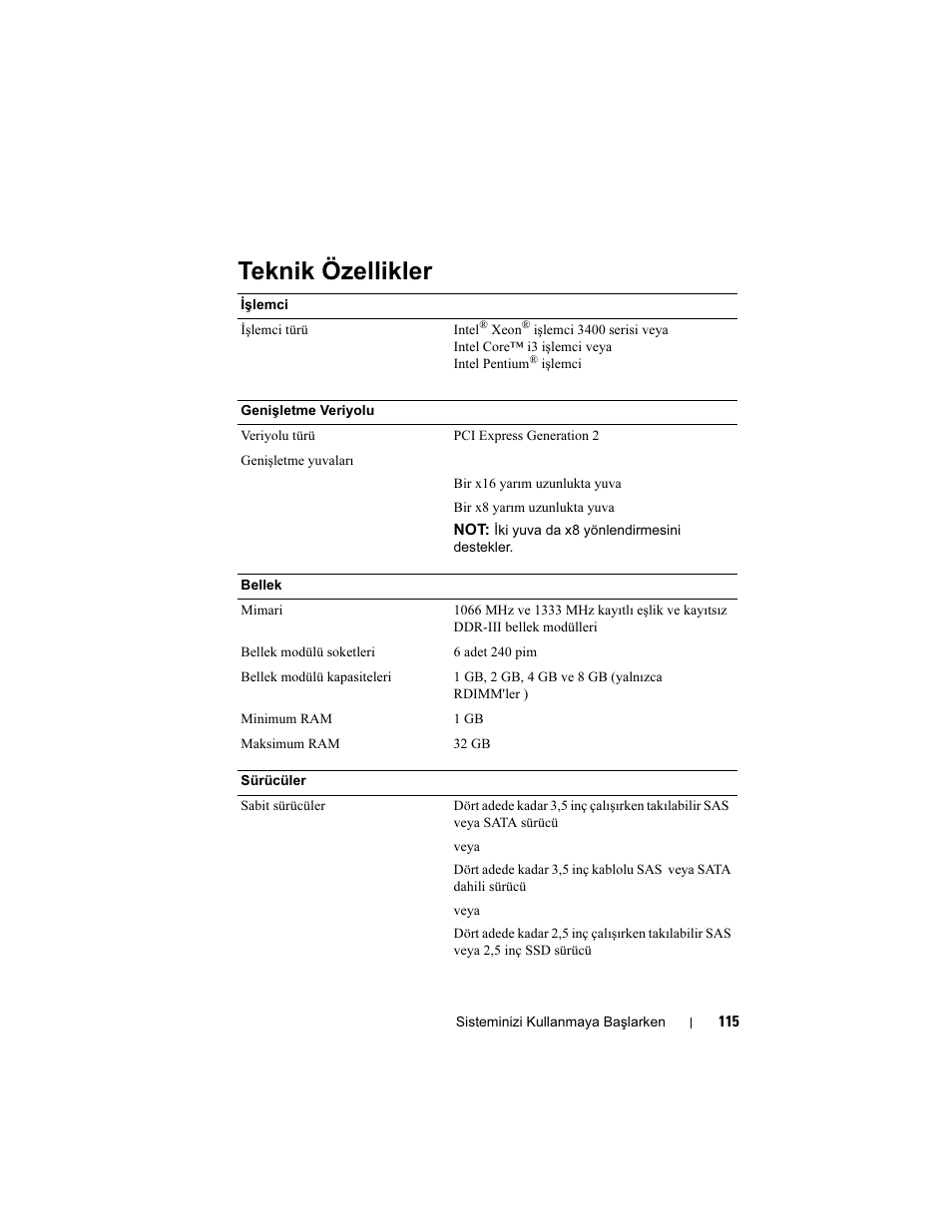 Teknik özellikler | Dell PowerEdge R310 User Manual | Page 117 / 132