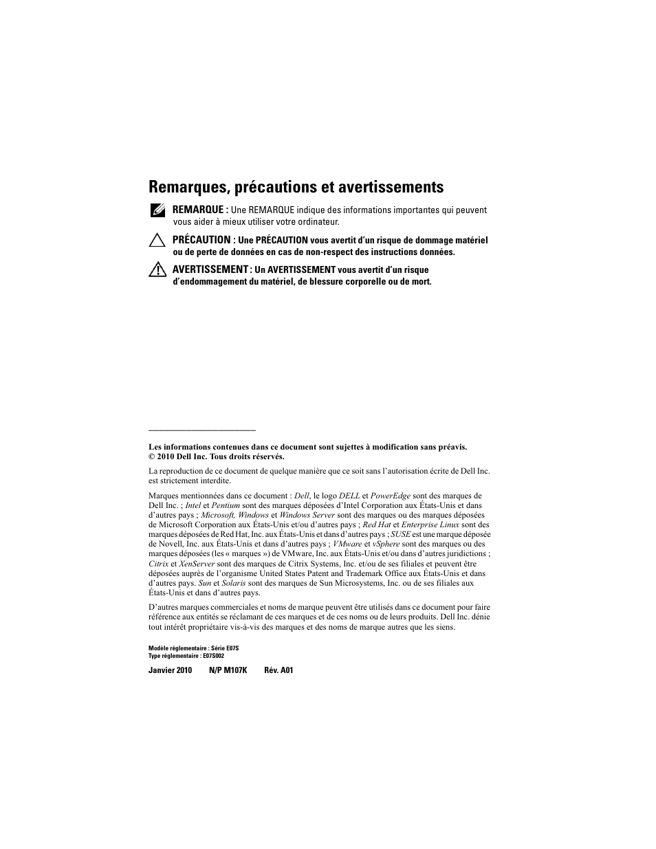 Remarques, précautions et avertissements | Dell PowerEdge R310 User Manual | Page 28 / 132