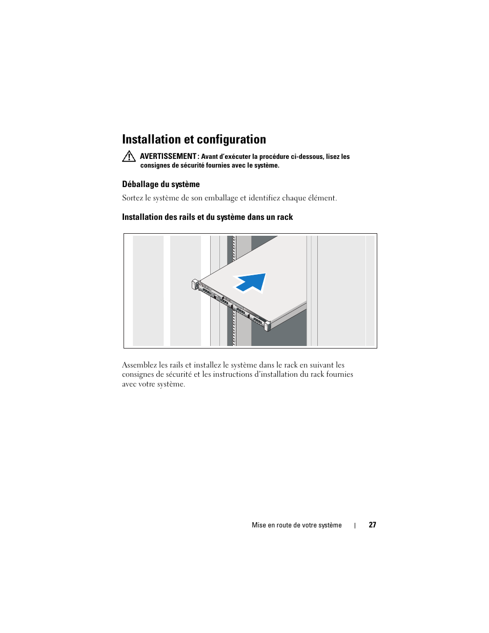 Installation et configuration, Déballage du système, Installation des rails et du système dans un rack | Dell PowerEdge R310 User Manual | Page 29 / 132