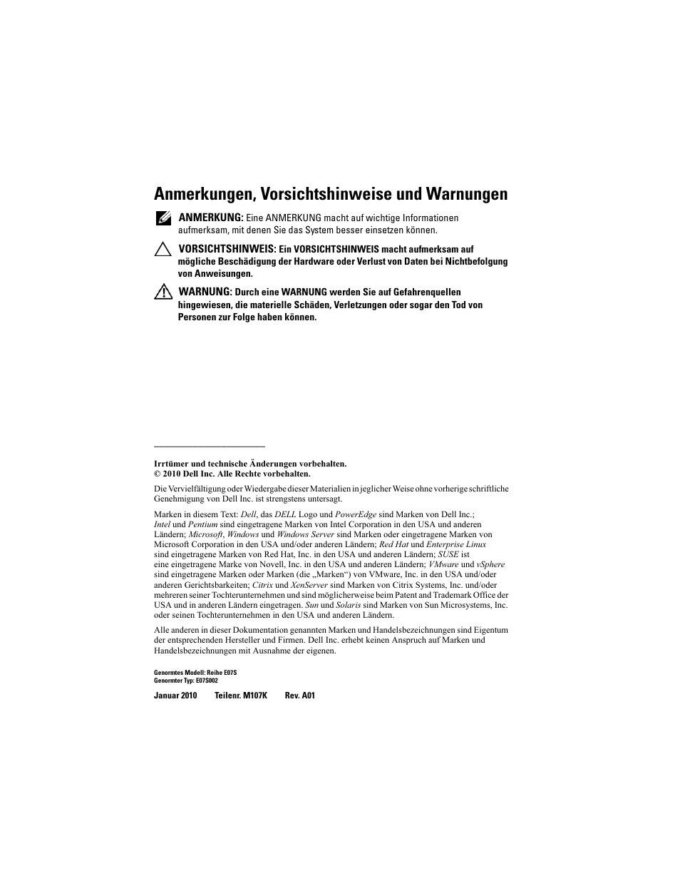 Anmerkungen, vorsichtshinweise und warnungen | Dell PowerEdge R310 User Manual | Page 42 / 132