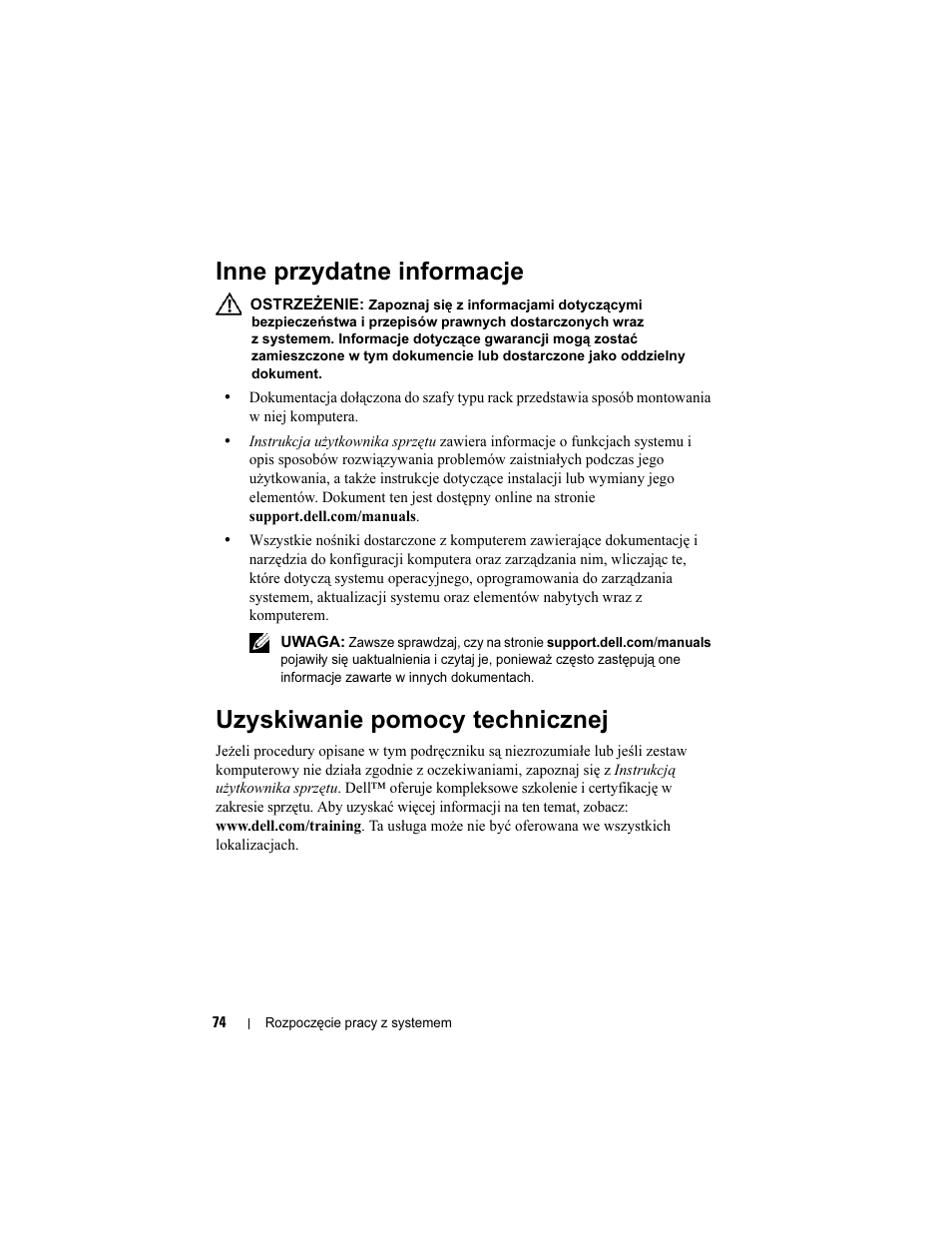 Inne przydatne informacje, Uzyskiwanie pomocy technicznej | Dell PowerEdge R310 User Manual | Page 76 / 132