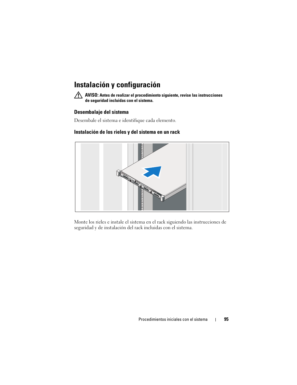 Instalación y configuración, Desembalaje del sistema, Instalación de los rieles y del sistema en un rack | Dell PowerEdge R310 User Manual | Page 97 / 132