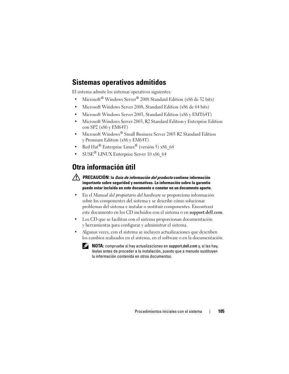 Sistemas operativos admitidos, Otra información útil | Dell PowerEdge T105 User Manual | Page 107 / 128