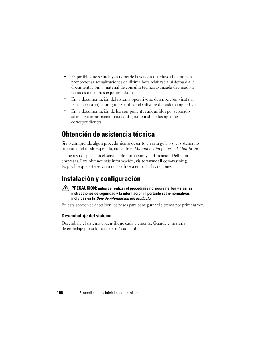 Obtención de asistencia técnica, Instalación y configuración, Desembalaje del sistema | Dell PowerEdge T105 User Manual | Page 108 / 128