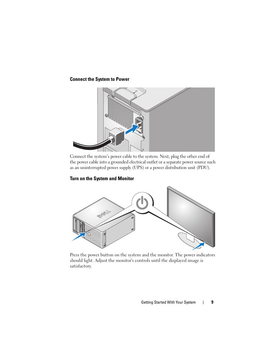 Connect the system to power, Turn on the system and monitor | Dell PowerEdge T105 User Manual | Page 11 / 128