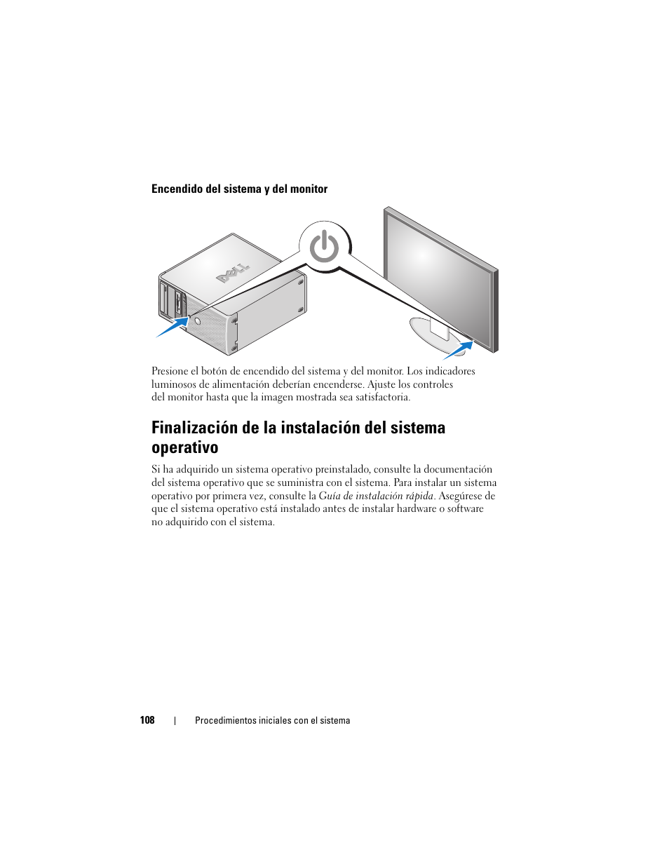 Encendido del sistema y del monitor | Dell PowerEdge T105 User Manual | Page 110 / 128
