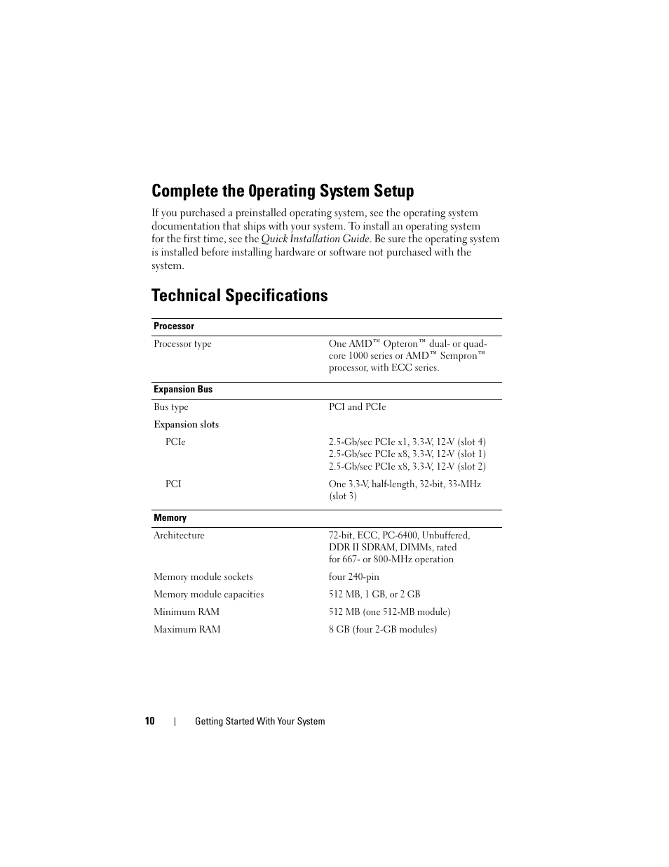 Complete the 0perating system setup, Technical specifications | Dell PowerEdge T105 User Manual | Page 12 / 128