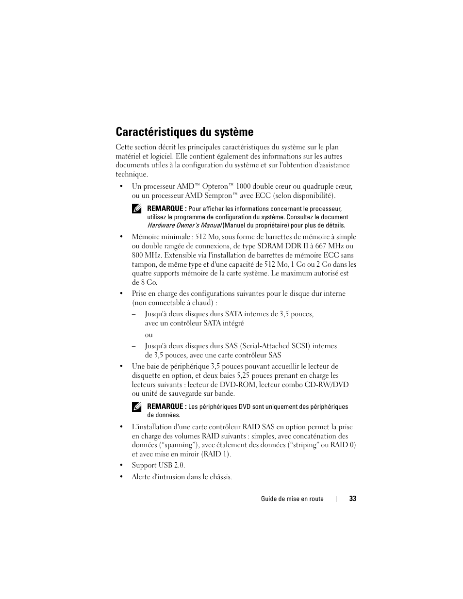 Caractéristiques du système | Dell PowerEdge T105 User Manual | Page 35 / 128