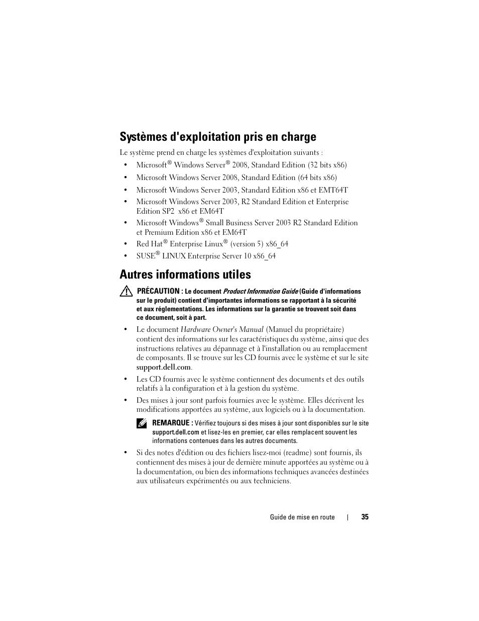 Systèmes d'exploitation pris en charge, Autres informations utiles | Dell PowerEdge T105 User Manual | Page 37 / 128
