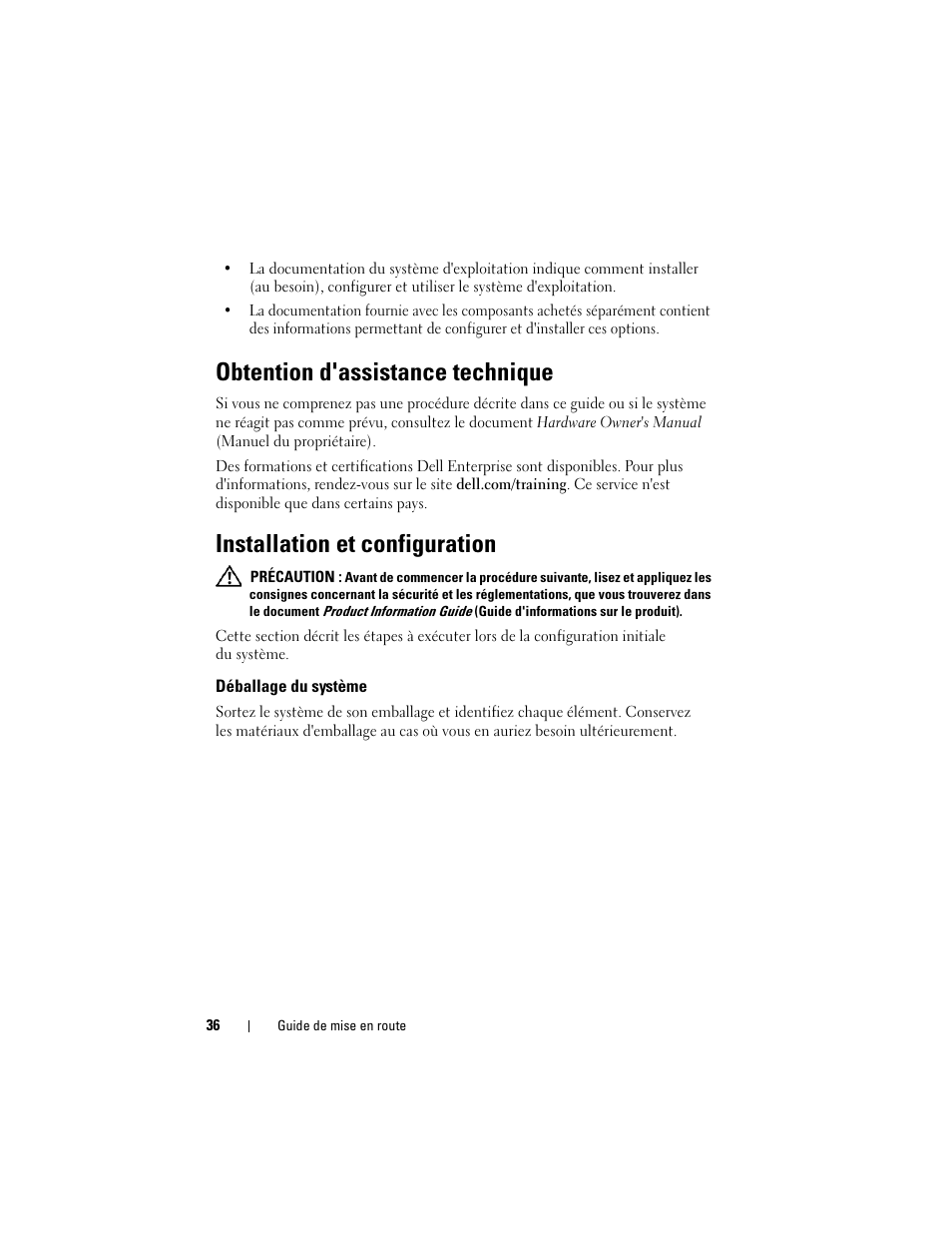 Obtention d'assistance technique, Installation et configuration, Déballage du système | Dell PowerEdge T105 User Manual | Page 38 / 128