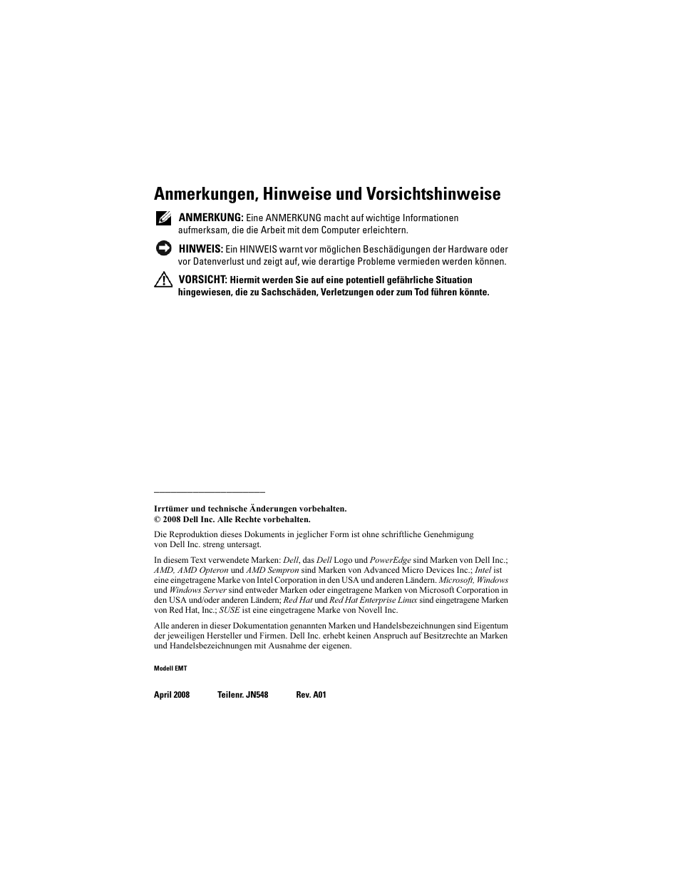Anmerkungen, hinweise und vorsichtshinweise | Dell PowerEdge T105 User Manual | Page 46 / 128