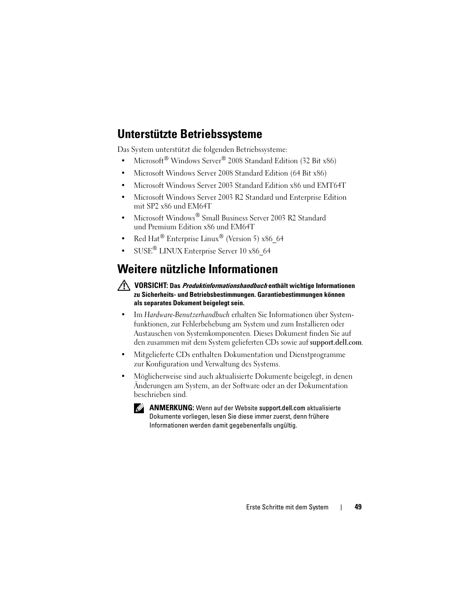 Unterstützte betriebssysteme, Weitere nützliche informationen | Dell PowerEdge T105 User Manual | Page 51 / 128