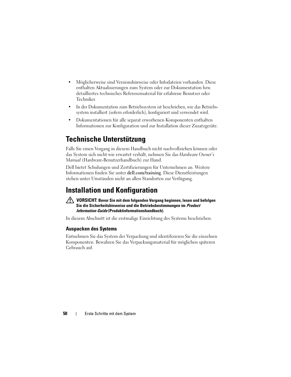Technische unterstützung, Installation und konfiguration, Auspacken des systems | Dell PowerEdge T105 User Manual | Page 52 / 128