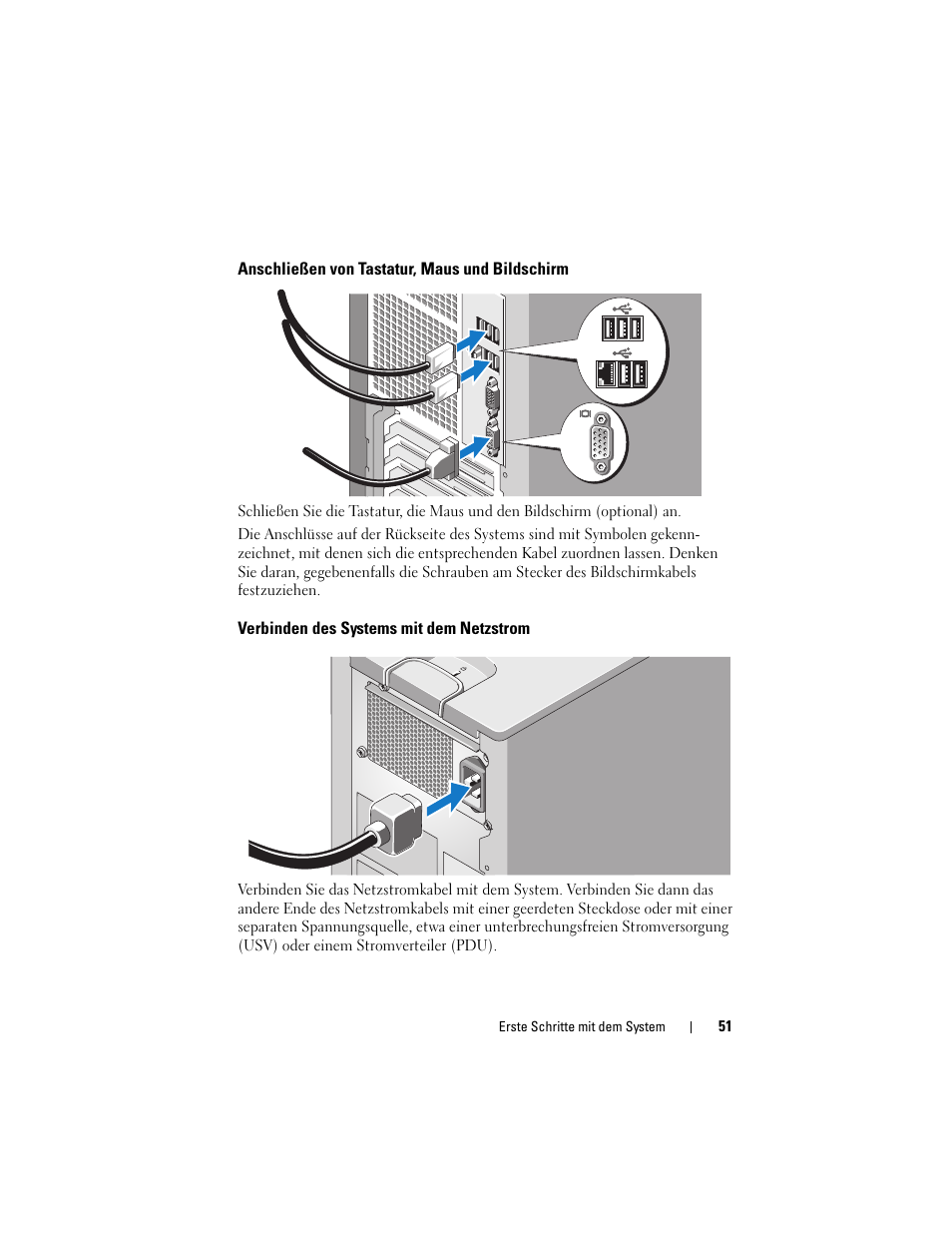 Anschließen von tastatur, maus und bildschirm, Verbinden des systems mit dem netzstrom | Dell PowerEdge T105 User Manual | Page 53 / 128