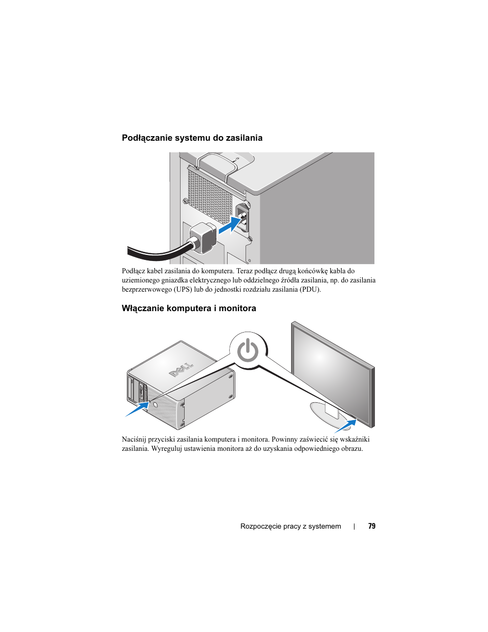 Podłączanie systemu do zasilania, Włączanie komputera i monitora | Dell PowerEdge T105 User Manual | Page 81 / 128