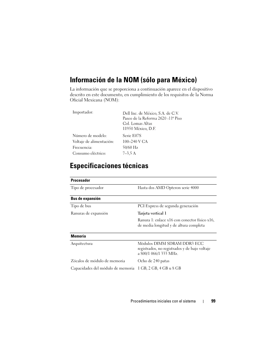 Información de la nom (sólo para méxico), Especificaciones técnicas | Dell PowerEdge R415 User Manual | Page 101 / 130