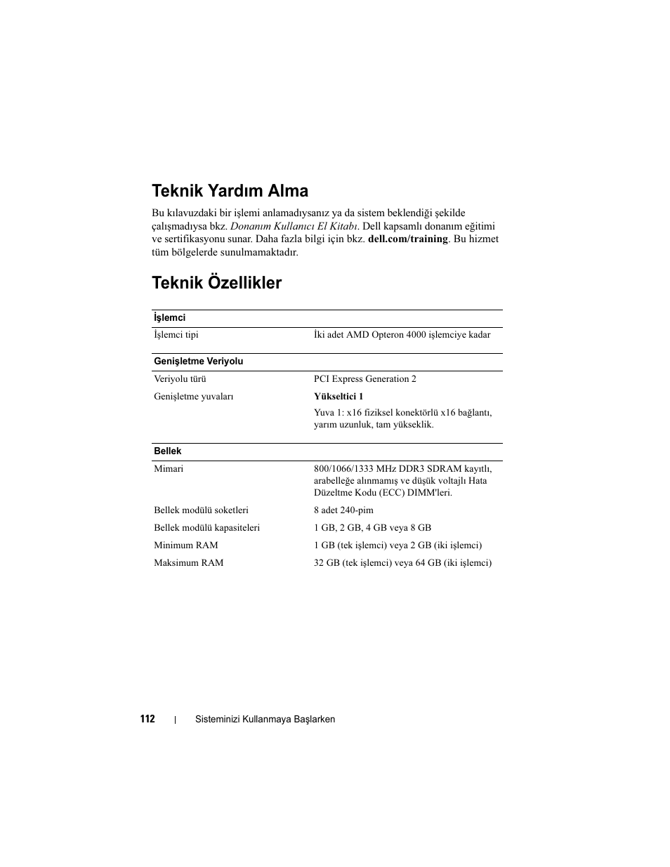 Teknik yardım alma, Teknik özellikler | Dell PowerEdge R415 User Manual | Page 114 / 130