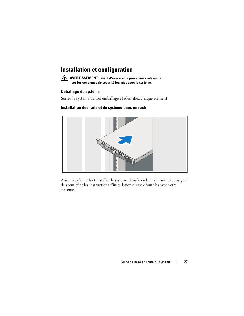 Installation et configuration, Déballage du système, Installation des rails et du système dans un rack | Dell PowerEdge R415 User Manual | Page 29 / 130