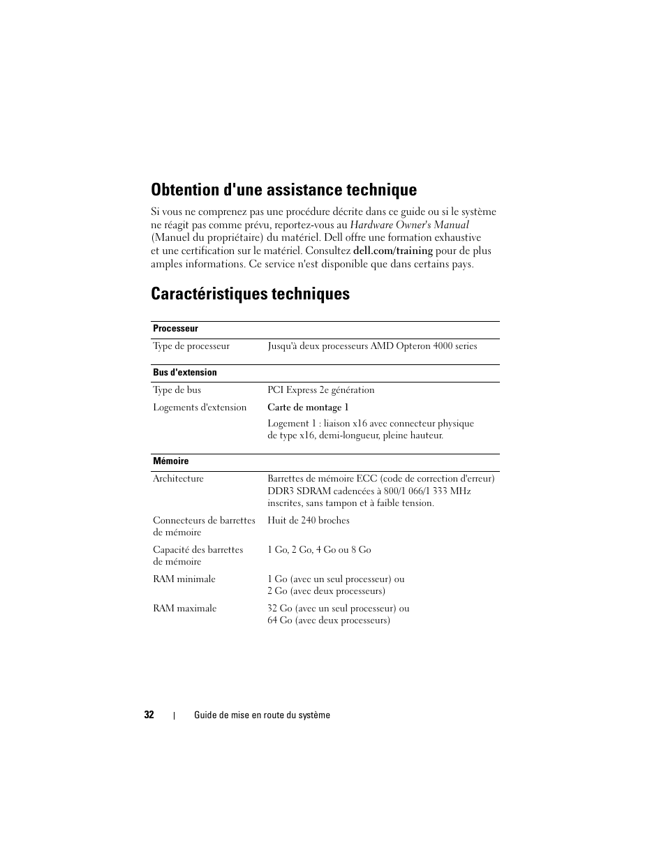 Obtention d'une assistance technique, Caractéristiques techniques | Dell PowerEdge R415 User Manual | Page 34 / 130