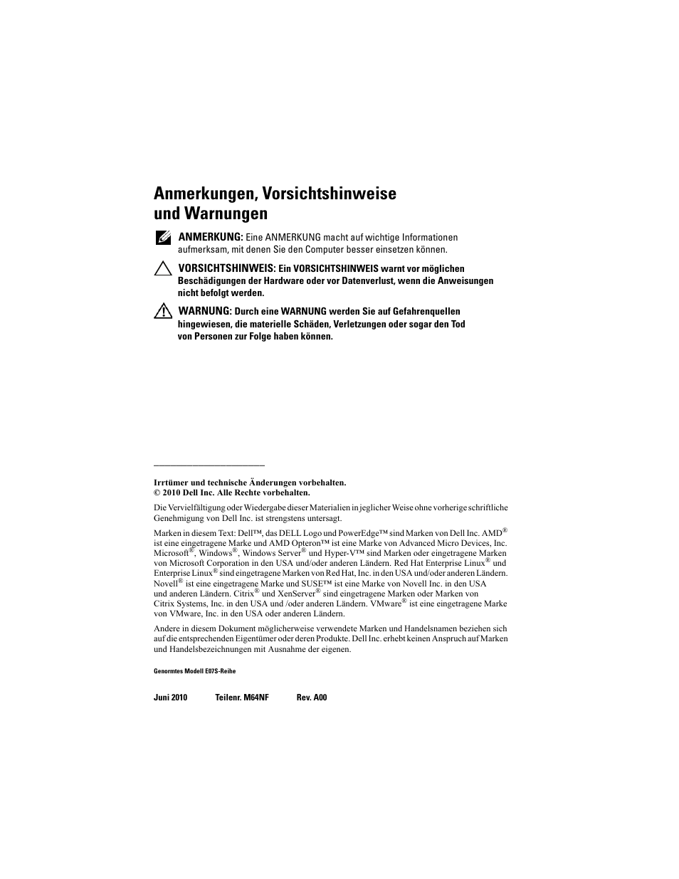 Anmerkungen, vorsichtshinweise und warnungen | Dell PowerEdge R415 User Manual | Page 40 / 130