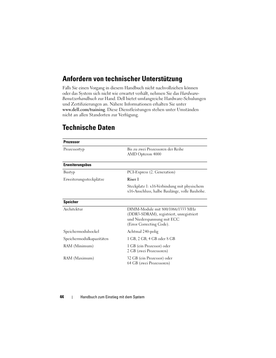 Anfordern von technischer unterstützung, Technische daten | Dell PowerEdge R415 User Manual | Page 46 / 130