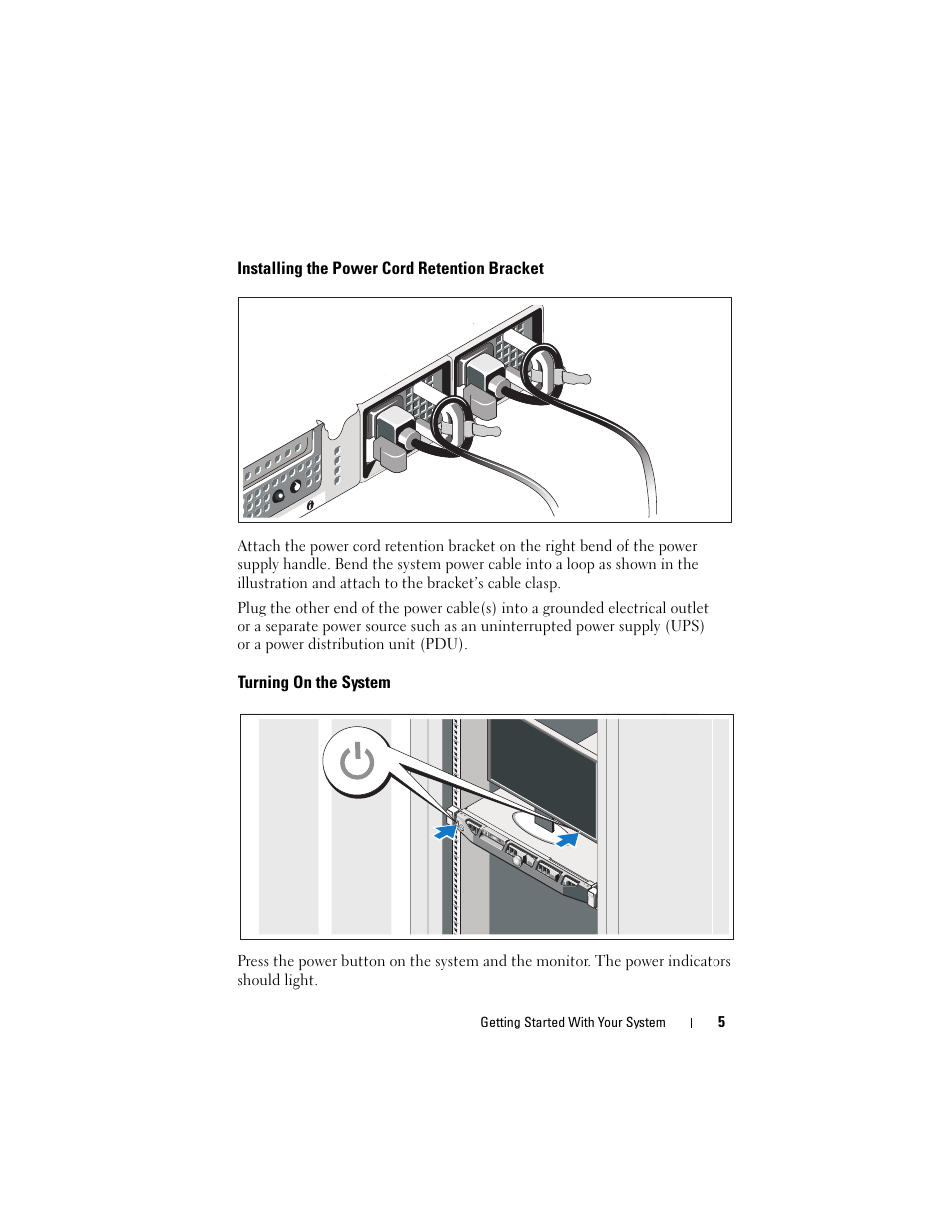 Installing the power cord retention bracket, Turning on the system | Dell PowerEdge R415 User Manual | Page 7 / 130