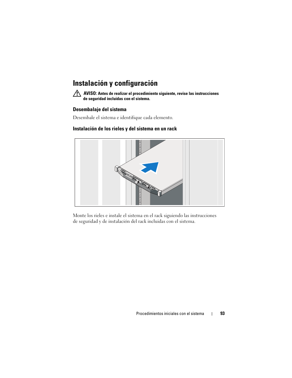 Instalación y configuración, Desembalaje del sistema, Instalación de los rieles y del sistema en un rack | Dell PowerEdge R415 User Manual | Page 95 / 130