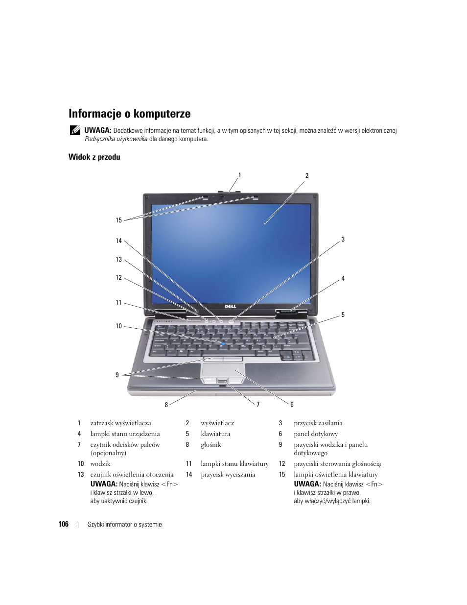 Informacje o komputerze, Widok z przodu | Dell Latitude D620 ATG User Manual | Page 106 / 144