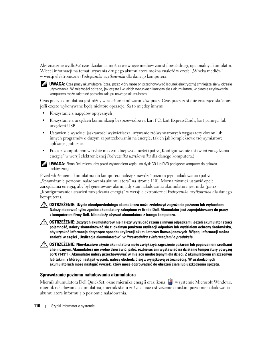 Sprawdzanie poziomu naładowania akumulatora | Dell Latitude D620 ATG User Manual | Page 110 / 144