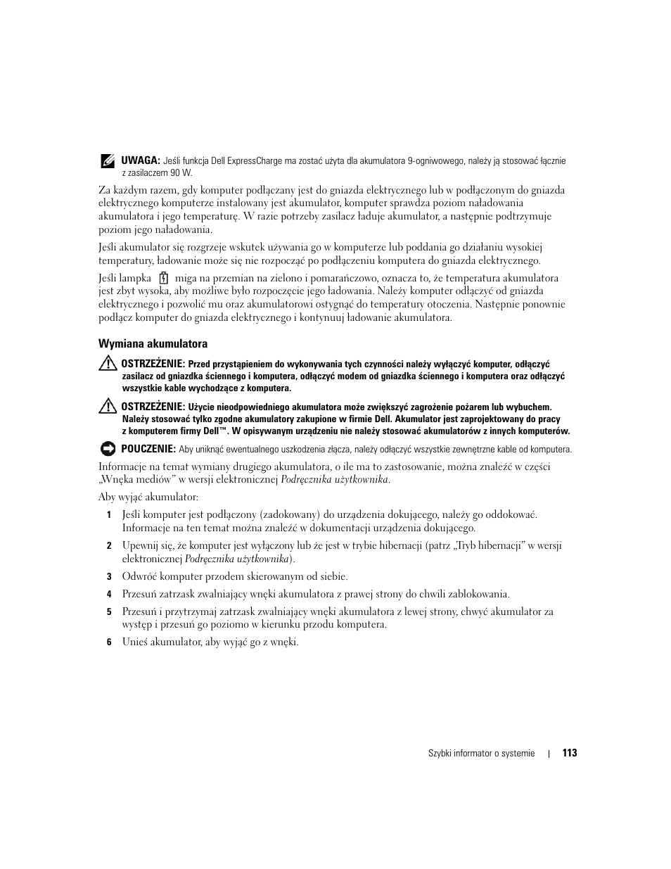 Wymiana akumulatora | Dell Latitude D620 ATG User Manual | Page 113 / 144