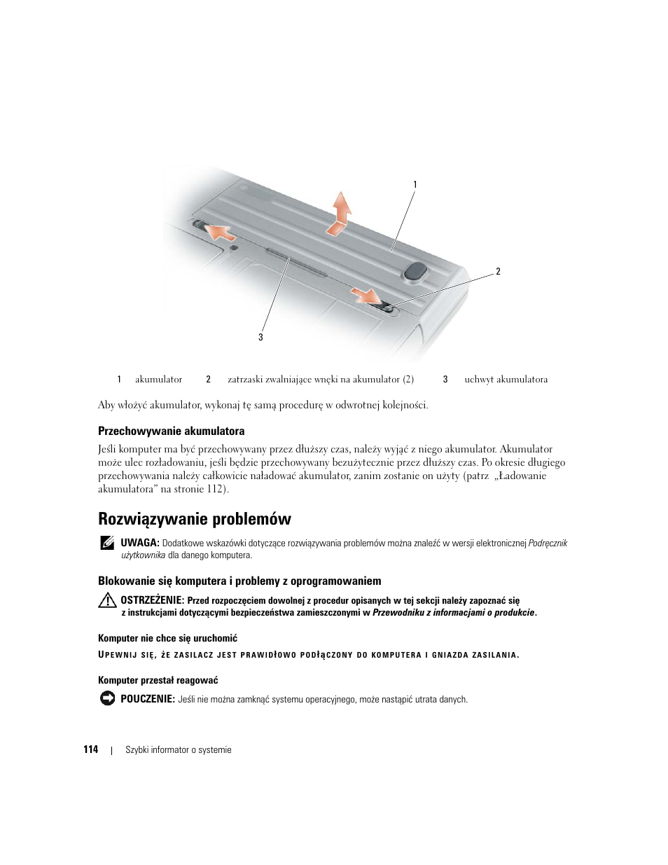Przechowywanie akumulatora, Rozwiązywanie problemów | Dell Latitude D620 ATG User Manual | Page 114 / 144