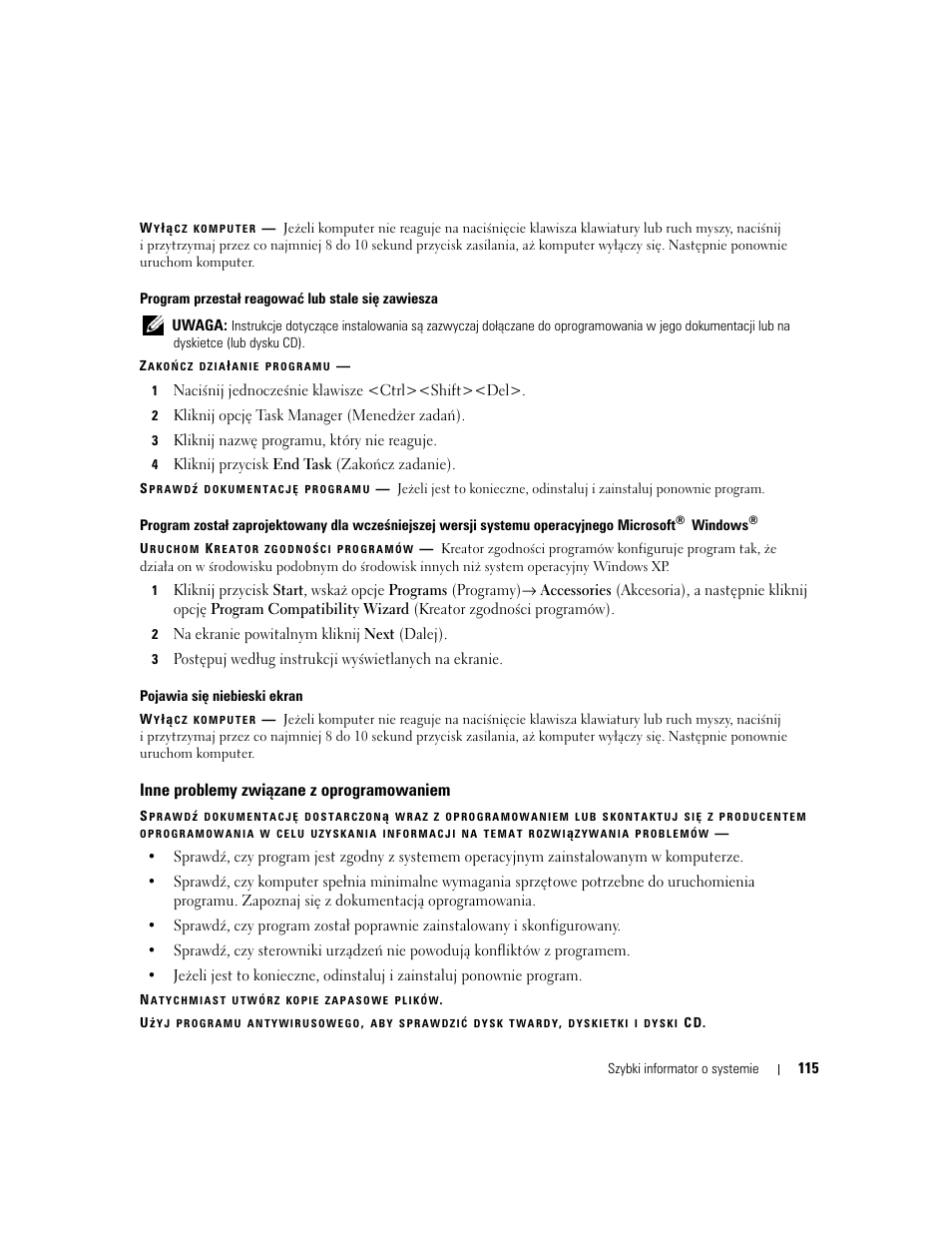 Inne problemy związane z oprogramowaniem | Dell Latitude D620 ATG User Manual | Page 115 / 144