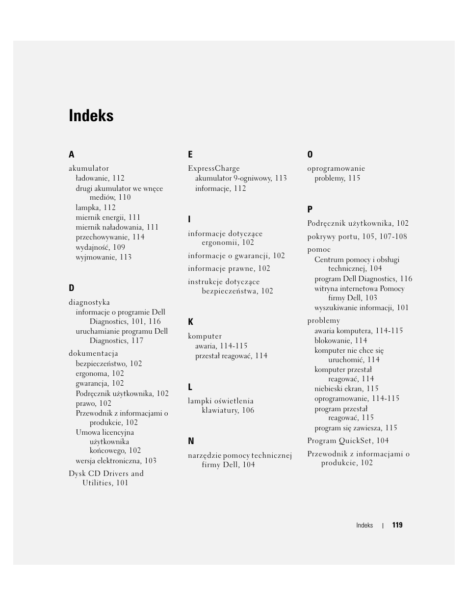 Indeks | Dell Latitude D620 ATG User Manual | Page 119 / 144