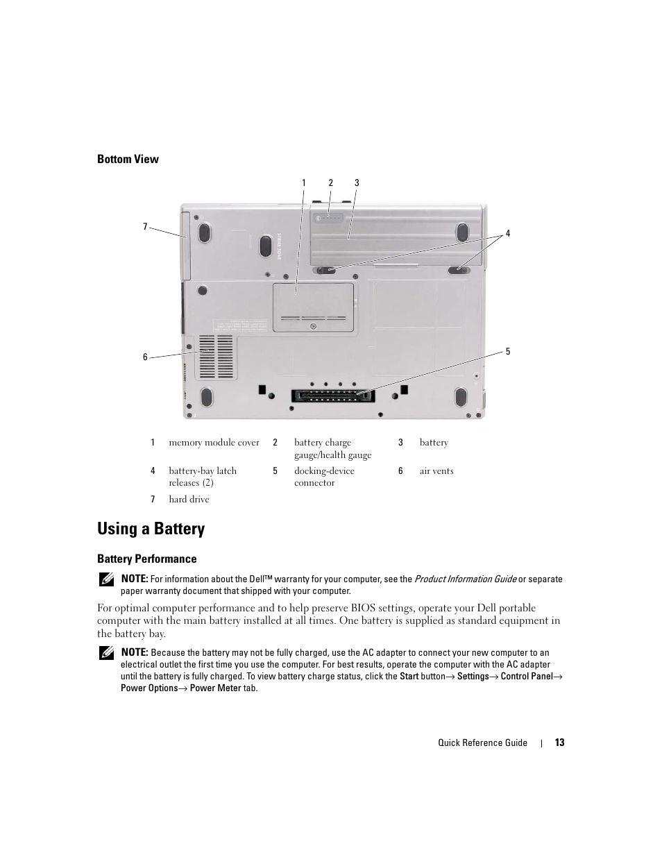 Bottom view, Using a battery, Battery performance | Dell Latitude D620 ATG User Manual | Page 13 / 144