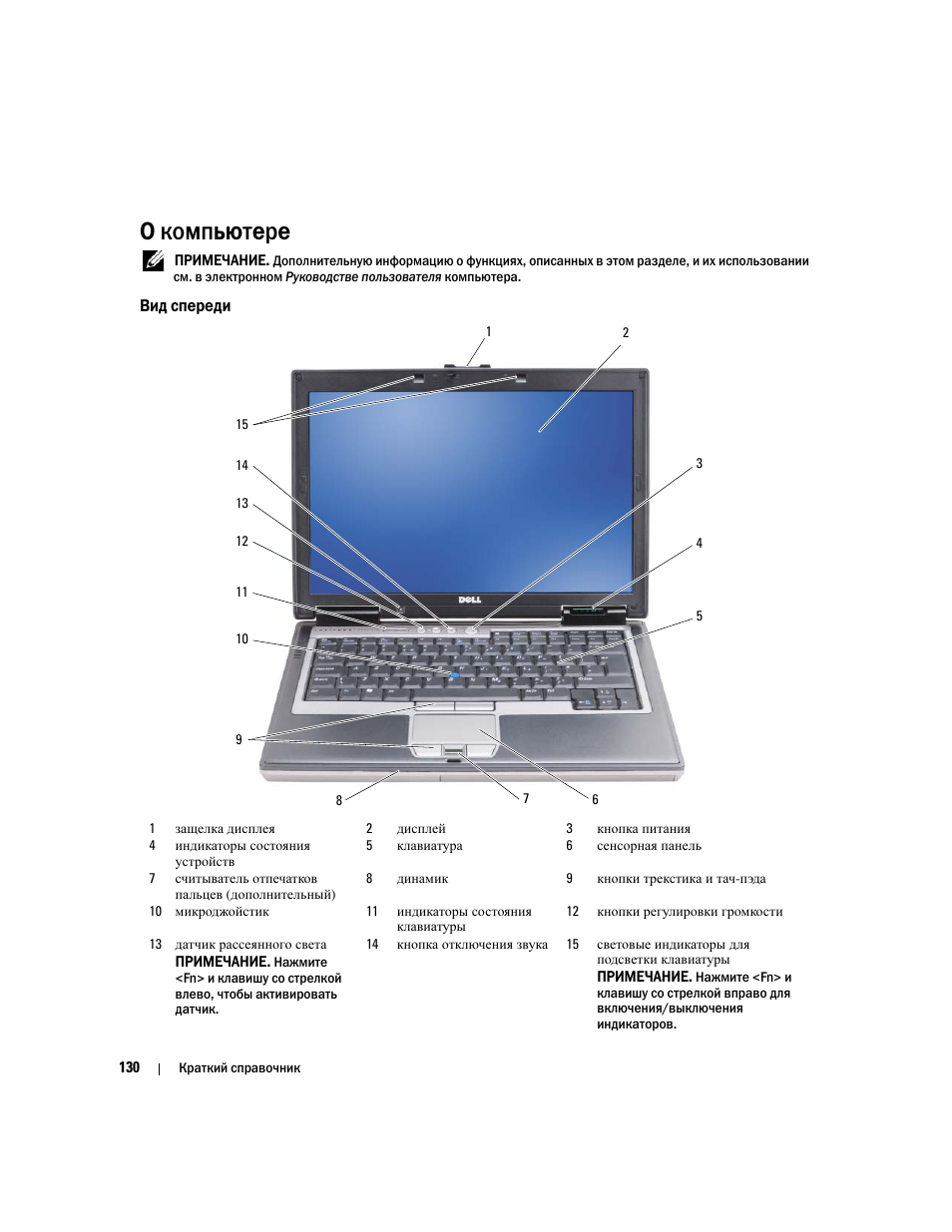 О компьютере, Вид спереди | Dell Latitude D620 ATG User Manual | Page 130 / 144