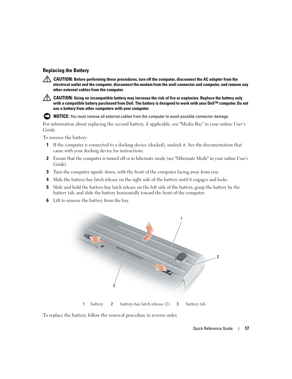Replacing the battery | Dell Latitude D620 ATG User Manual | Page 17 / 144