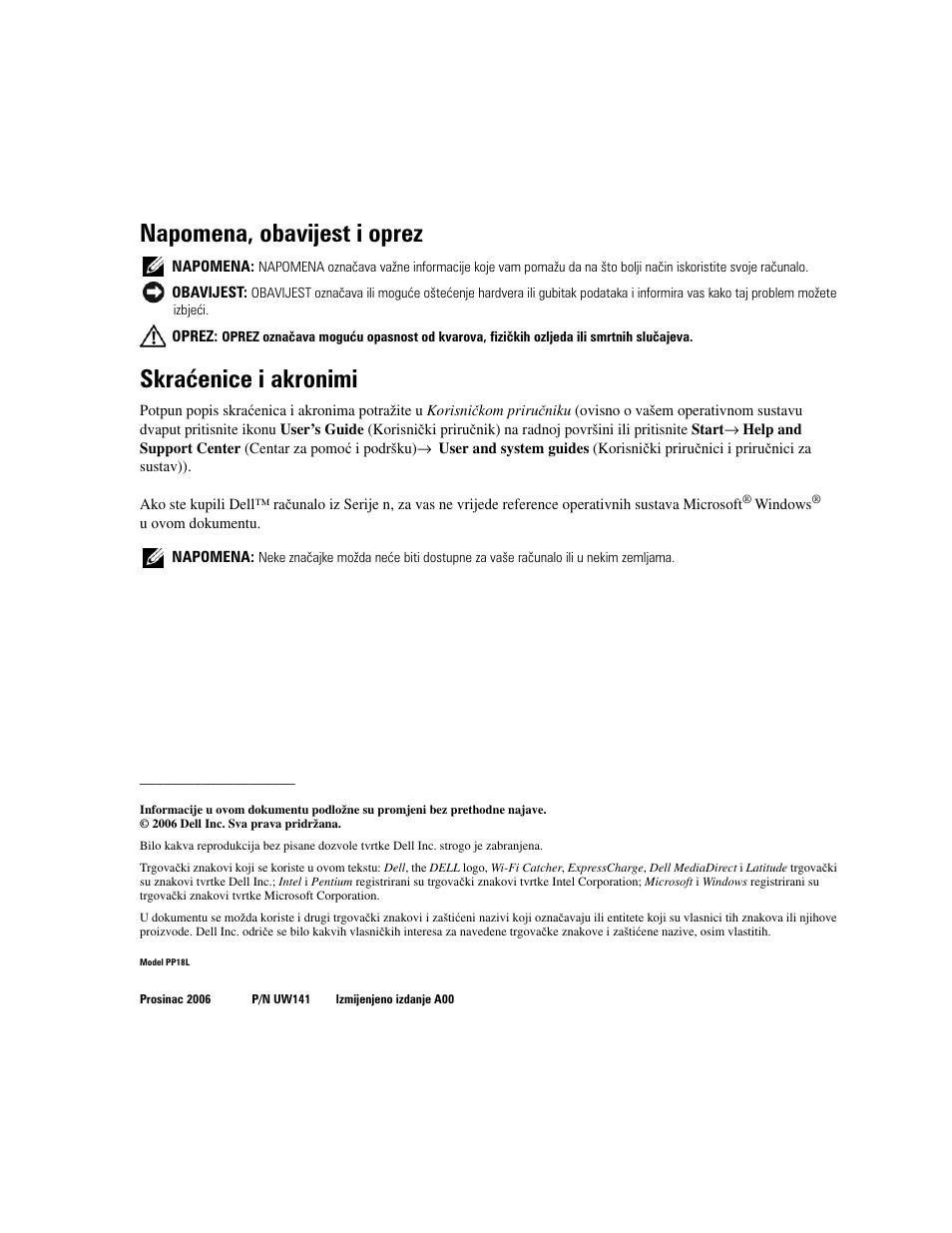Napomena, obavijest i oprez, Skraćenice i akronimi | Dell Latitude D620 ATG User Manual | Page 26 / 144