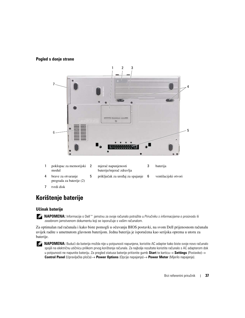 Pogled s donje strane, Korištenje baterije, Učinak baterije | Dell Latitude D620 ATG User Manual | Page 37 / 144