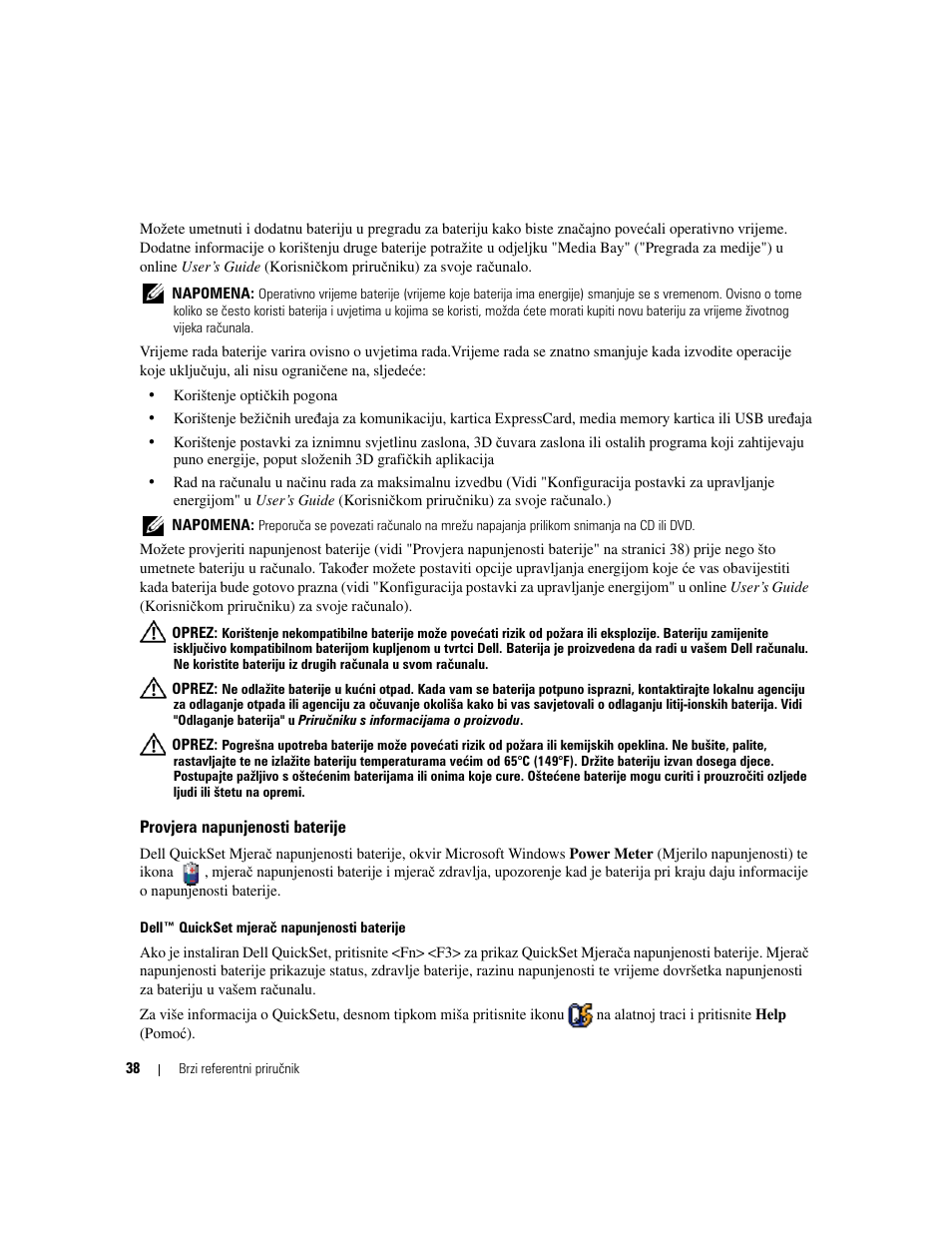 Provjera napunjenosti baterije | Dell Latitude D620 ATG User Manual | Page 38 / 144