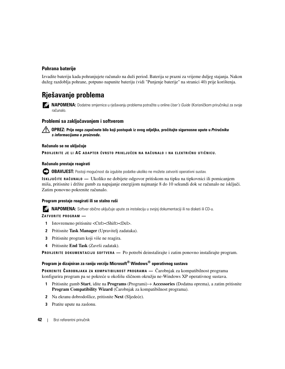 Pohrana baterije, Rješavanje problema, Problemi sa zaključavanjem i softverom | Dell Latitude D620 ATG User Manual | Page 42 / 144