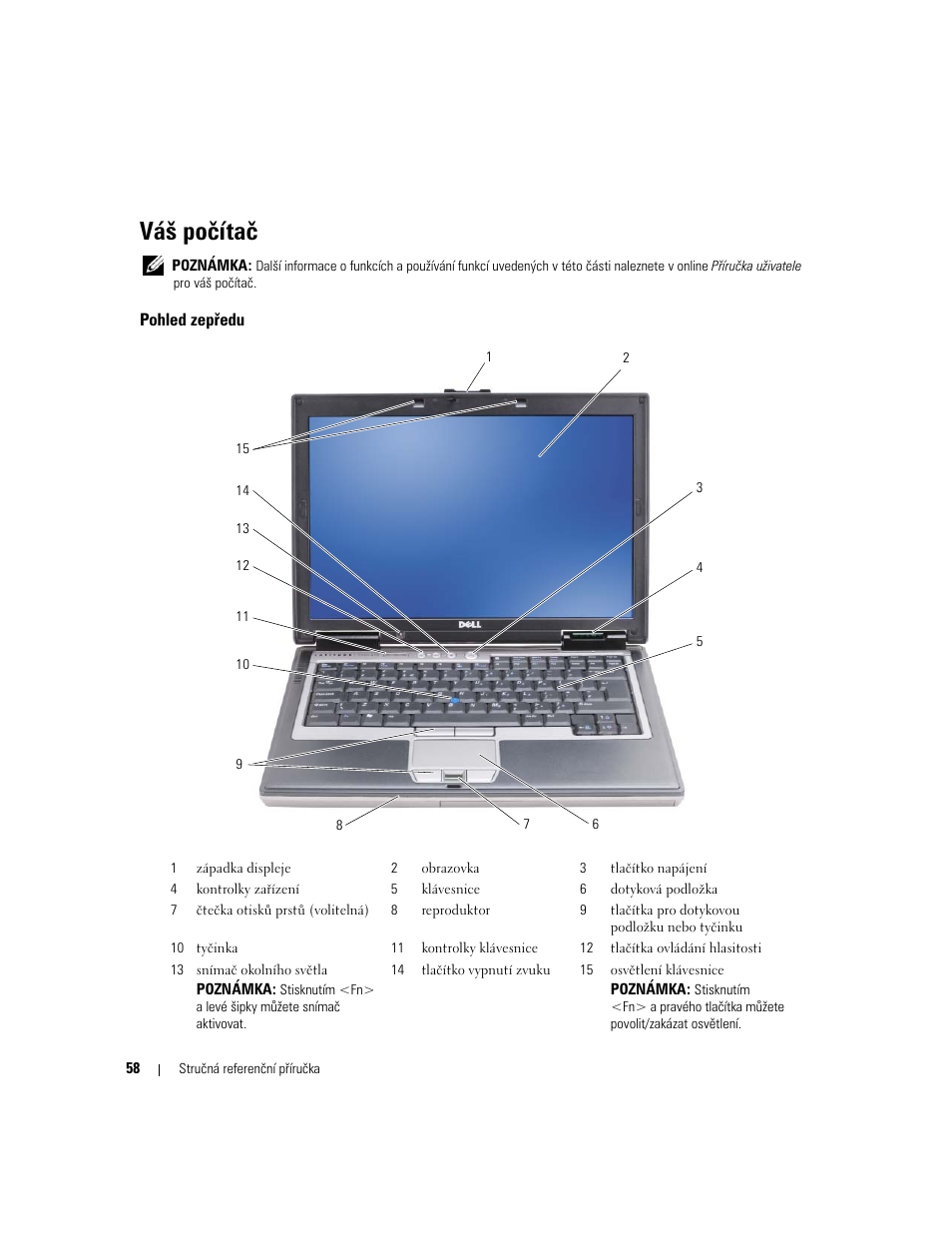Váš počítač, Pohled zepředu | Dell Latitude D620 ATG User Manual | Page 58 / 144