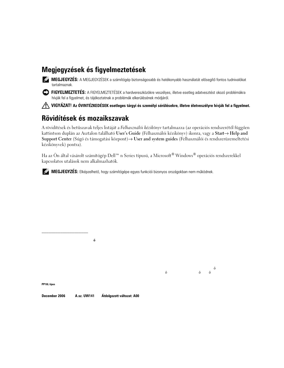 Megjegyzések és figyelmeztetések, Rövidítések és mozaikszavak | Dell Latitude D620 ATG User Manual | Page 74 / 144