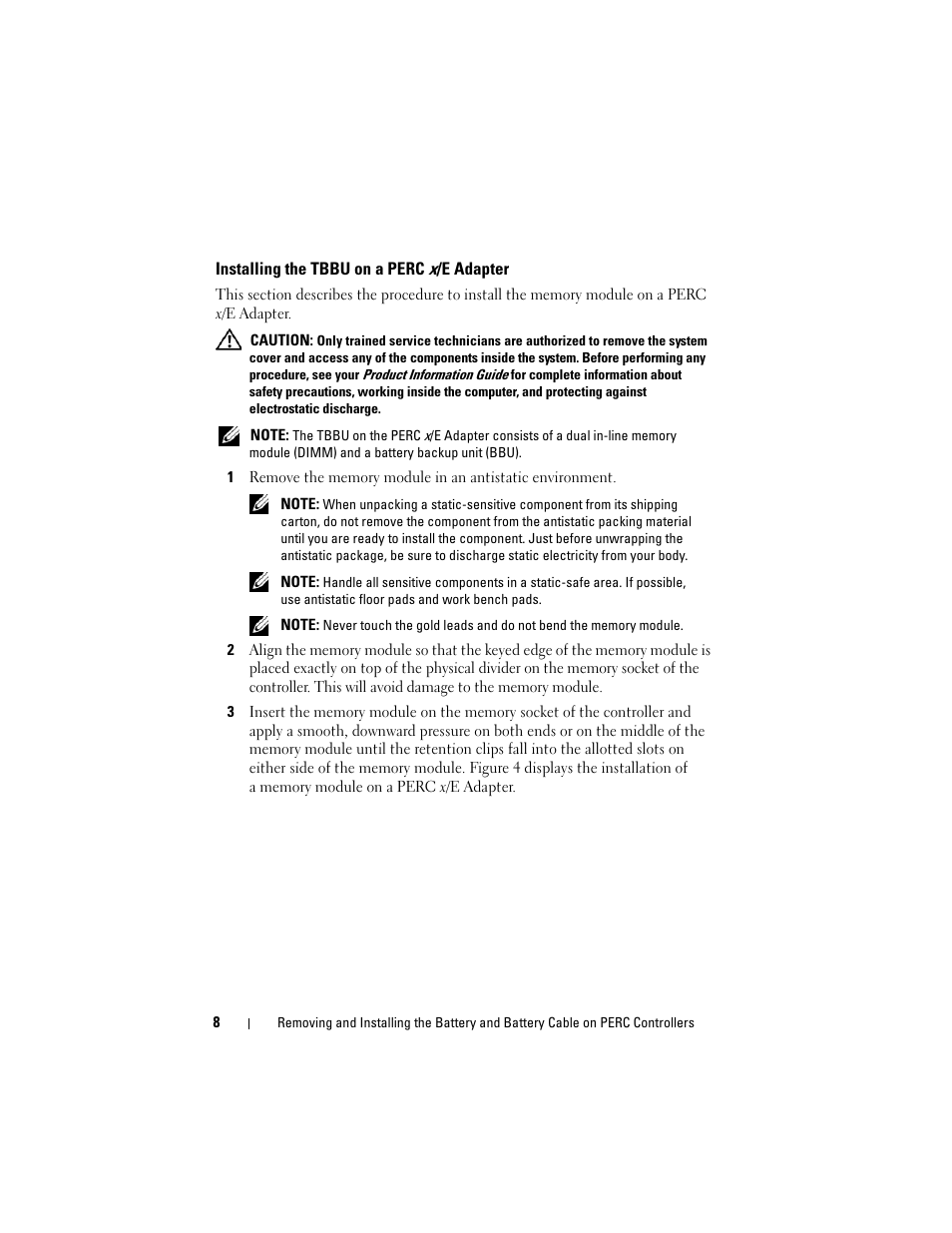 Installing the tbbu on a perc x/e adapter | Dell PowerEdge RAID Controller 6E User Manual | Page 10 / 120