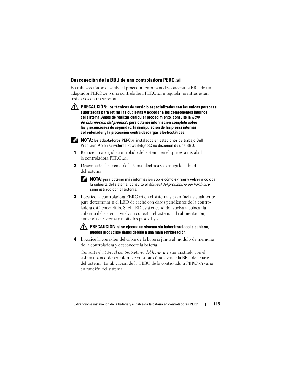 Desconexión de la bbu de una controladora perc x/i | Dell PowerEdge RAID Controller 6E User Manual | Page 117 / 120