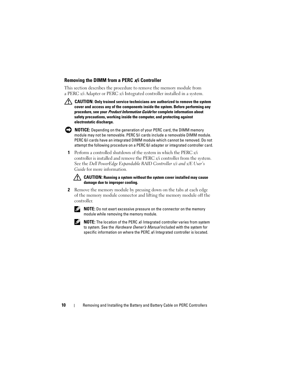Removing the dimm from a perc x/i controller | Dell PowerEdge RAID Controller 6E User Manual | Page 12 / 120