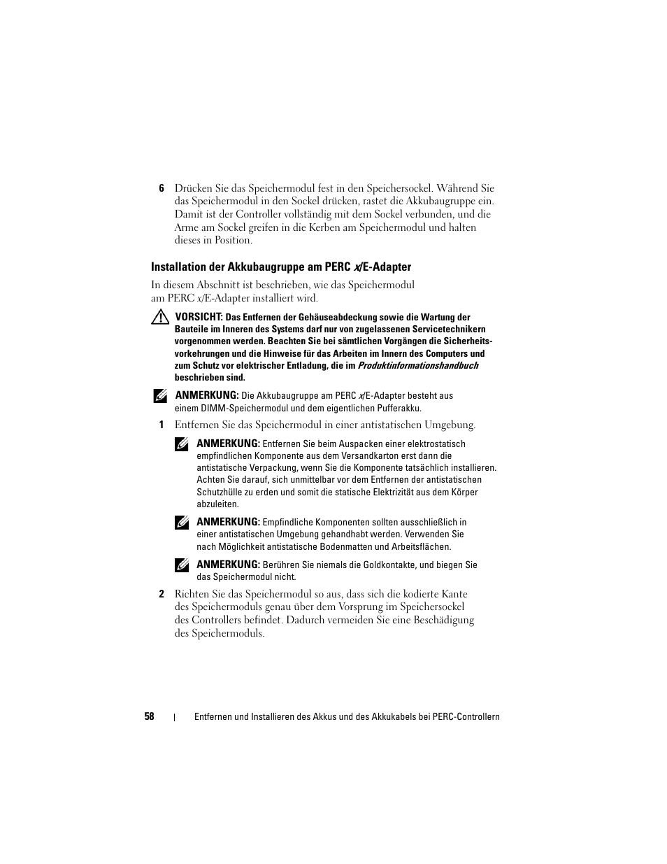 Installation der akkubaugruppe am perc x/e-adapter | Dell PowerEdge RAID Controller 6E User Manual | Page 60 / 120