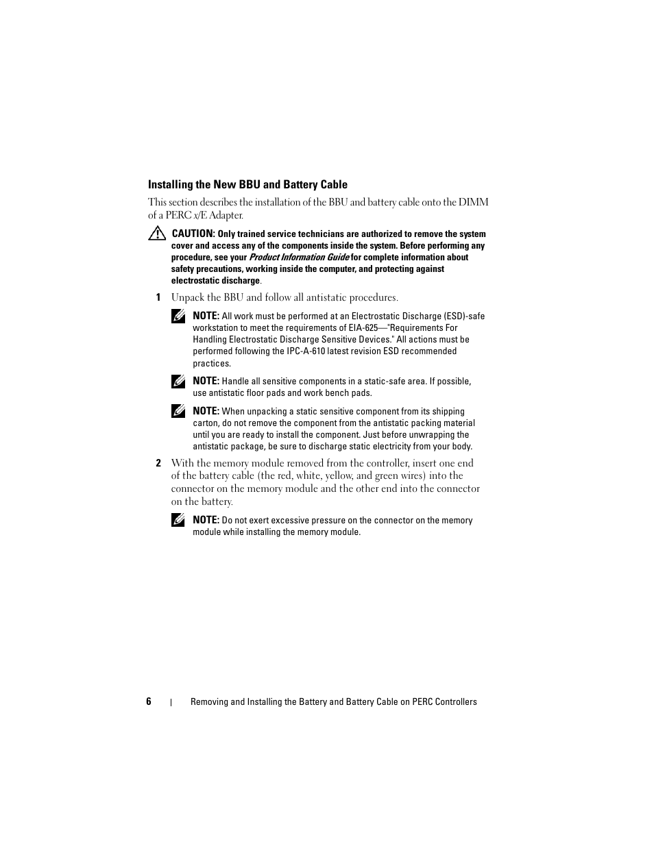 Installing the new bbu and battery cable | Dell PowerEdge RAID Controller 6E User Manual | Page 8 / 120