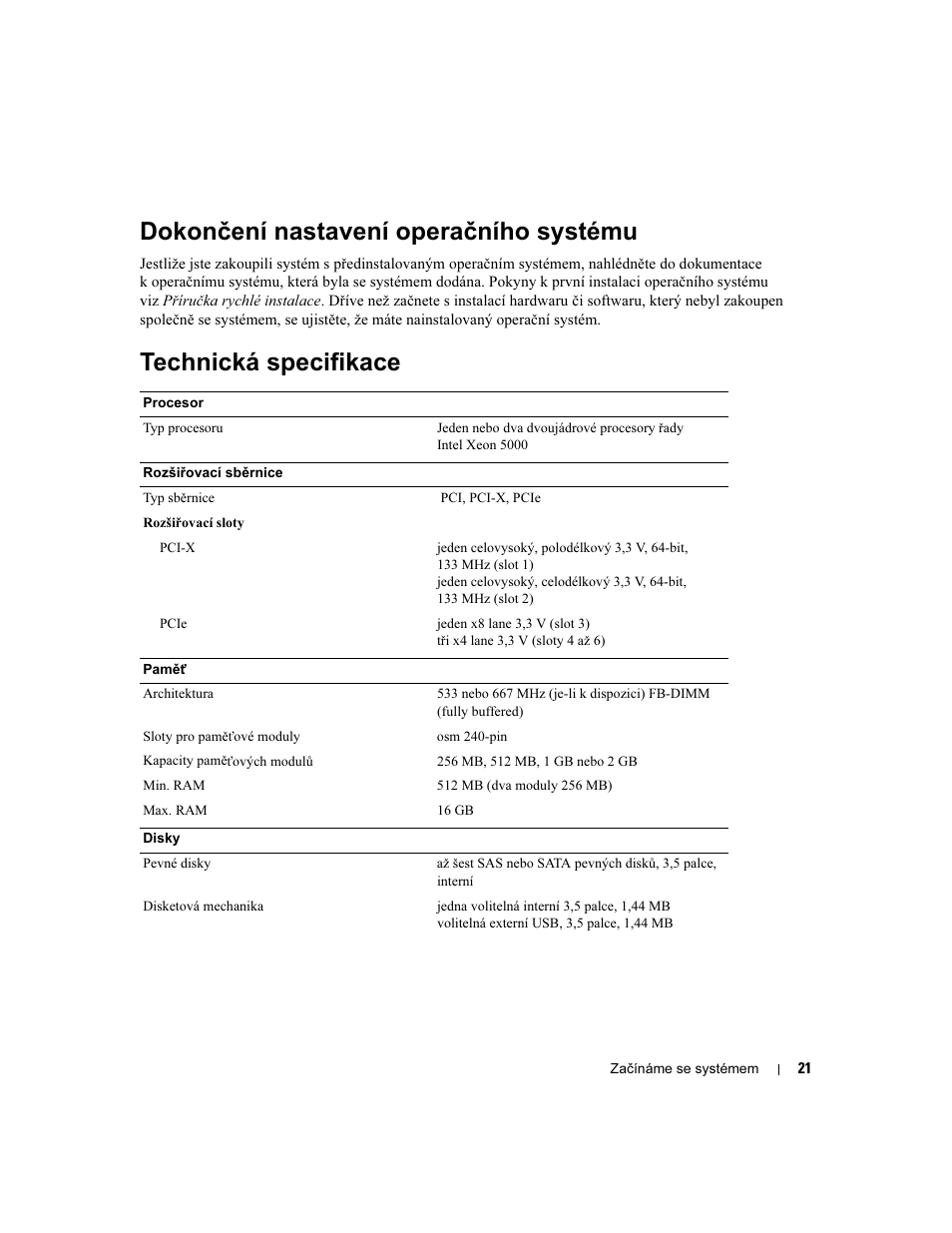 Dokončení nastavení operačního systému, Technická specifikace | Dell PowerEdge 1900 User Manual | Page 23 / 110