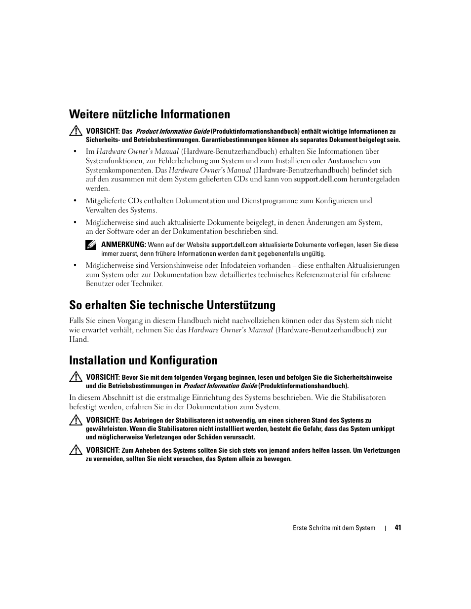 Weitere nützliche informationen, So erhalten sie technische unterstützung, Installation und konfiguration | Dell PowerEdge 1900 User Manual | Page 43 / 110