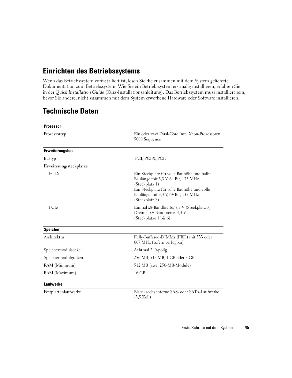 Einrichten des betriebssystems, Technische daten | Dell PowerEdge 1900 User Manual | Page 47 / 110